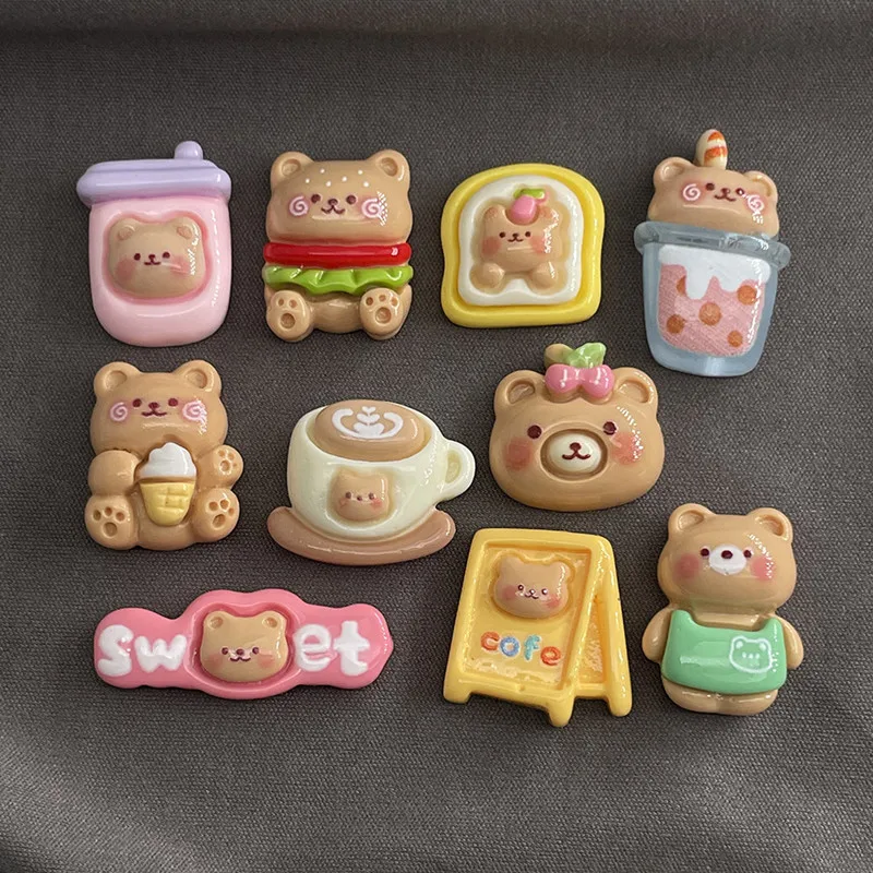 

10Pcs Cartoon Milk Tea Small The Bear Resin DIY Shoes Hat Icebox Barrette Mobile Phone Case Scrapbook Cream Glue Flat Back Resin