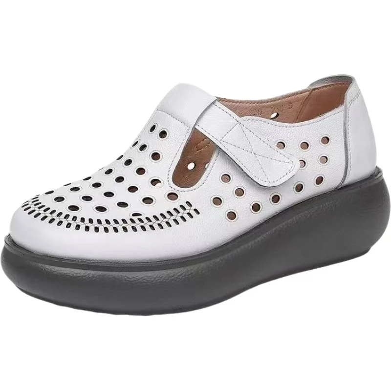 

Women's Leather Round Toe Hollow Out Wedges Sandals Spring Summer New Thick Sole Non Slip Breathable Velcro Casual Nude Shoes