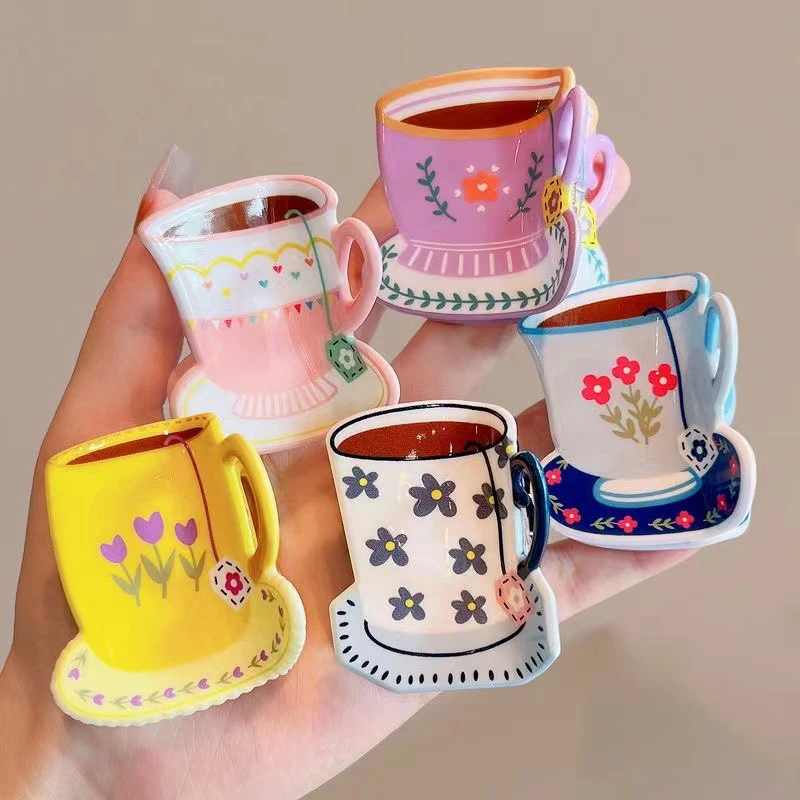 Sweet Flower Print Cup Shark Clip For Women Girls Cute Coffee Cup Shape Hair Clip Fashion Versatile Hair Accessories Gifts