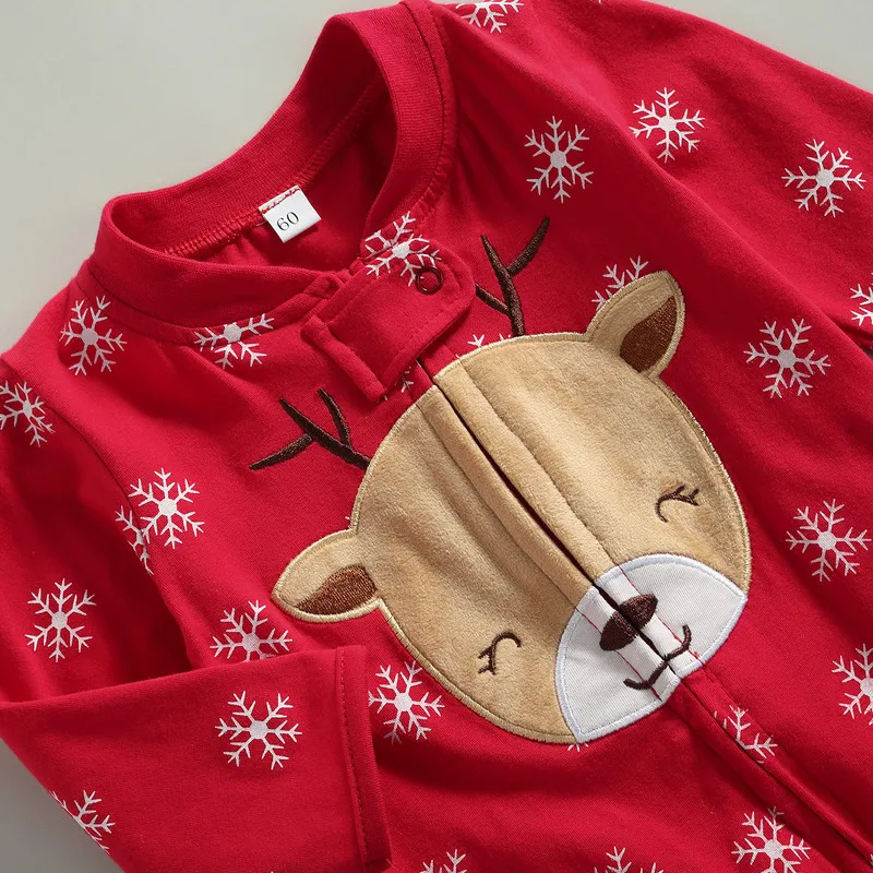 0 to 9 Months Christmas Baby Girl Boy Romper Snowflake Deer Embroidery V-Neck Long Sleeve Jumpsuit Baby Clothing