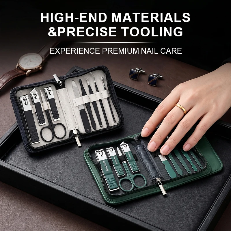 LGRAMER 9PCS Nail Clipper Set Portable Travel Manicure Kit for Adult Stainless Steel Grooming Set with Storage Box for Men&Women