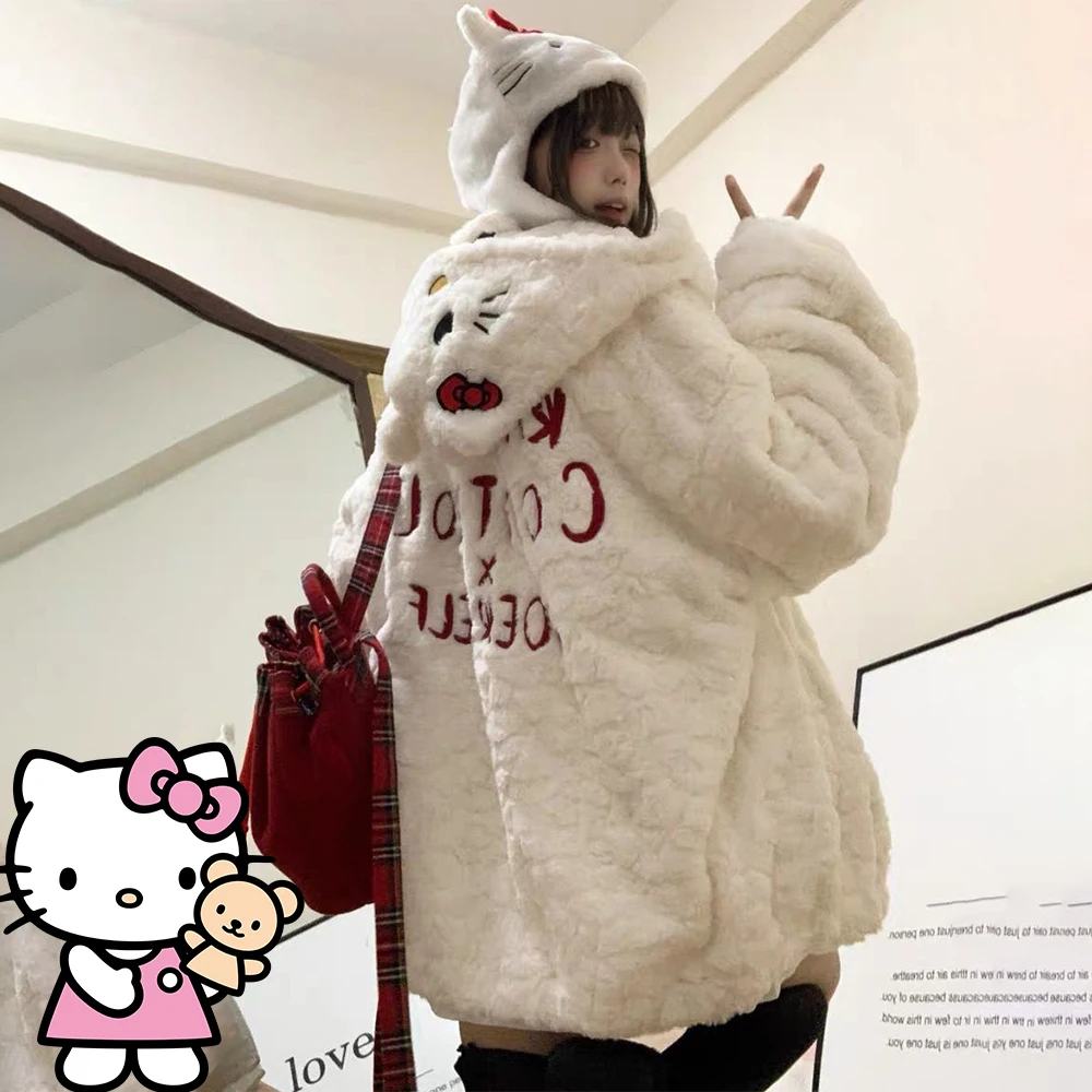 

Lamb Fur Cute Hello Kitty Cotton Jacket Coat for Women Sanrio Winter New Loose Plush Thickened Warm Furry Zipper Jacket Tops