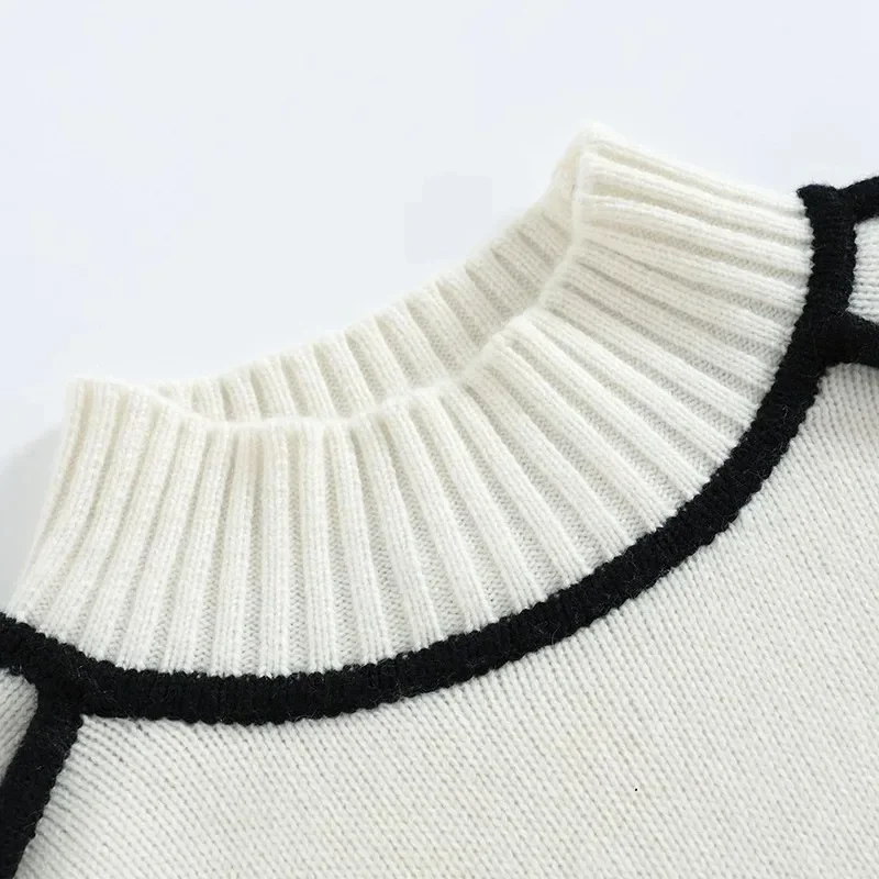 Women\'s Fall and Winter VC * Sweater New Casual Loose Half-high Neck Black and White Lines Splicing Knit Sweater Goth Pullover