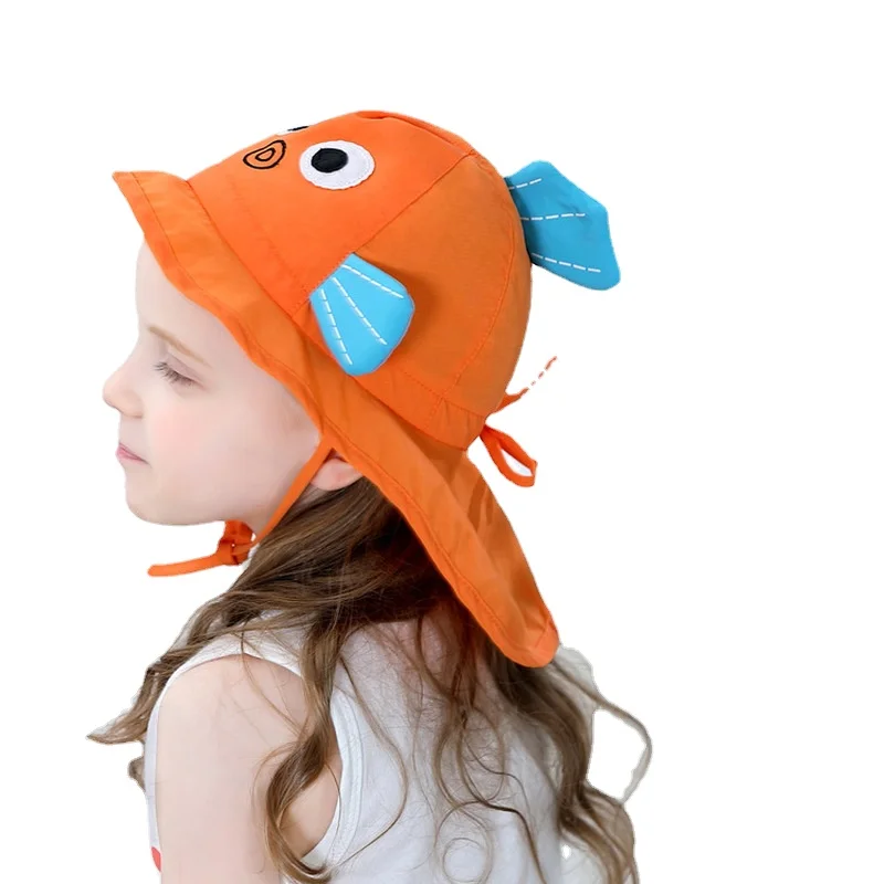 Sunscreen Beach Fisherman Hat Cartoon Goldfish Soft Light Summer Fold Sun Hat Cap Toddler Baby Kids Girls Boy Anti-UV Cap SPF50+