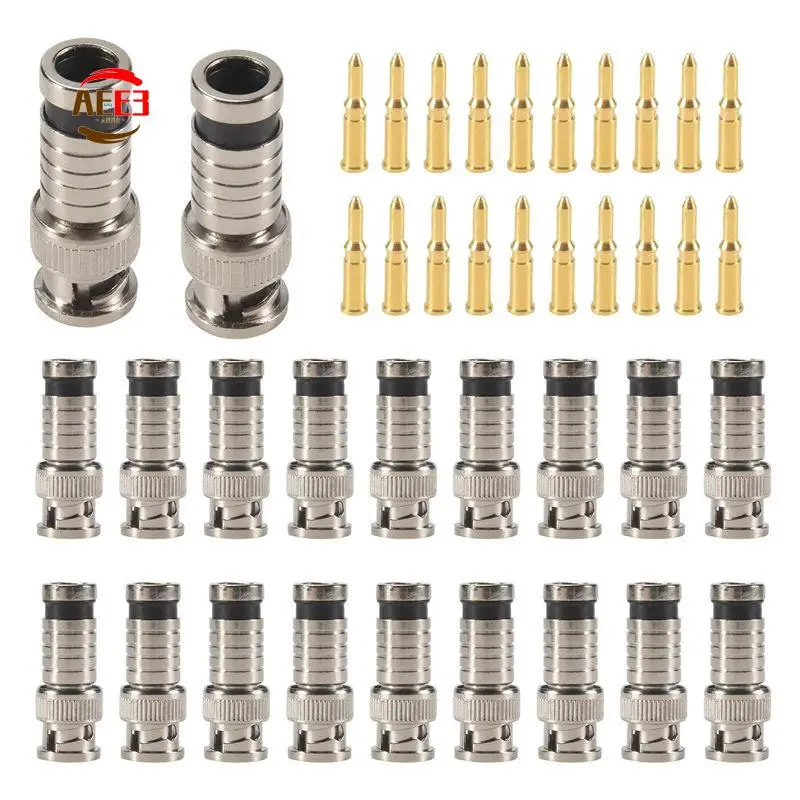AEE3-20 Pcs BNC Compression Connector 75 Ohm Coupler With Copper Pin For RG58-59 Crimper Video Plug Extension Coaxial Cable