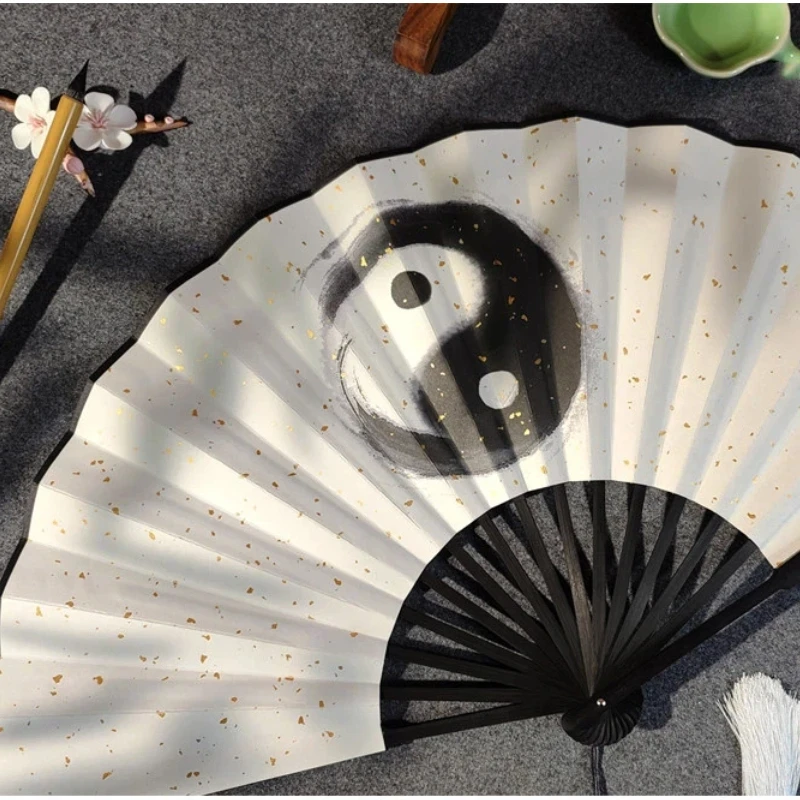 Chinese Tai Chi Style Folding Fan Sprinkled Golden Rice Paper Hand Fan Ancient Style Creative Summer Cool Performance Dance Fans