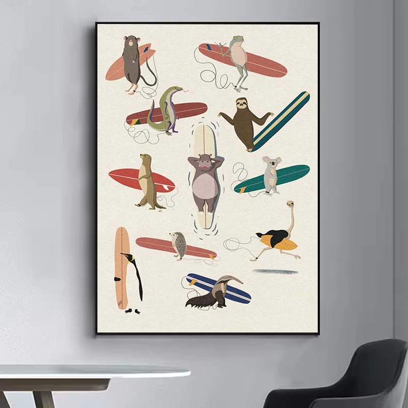 

Funny Surfing Animals Posters Canvas Painting Sloth Bear Panda Zebra Fox Poster Home Interior Decoration Living Room Wall Decor