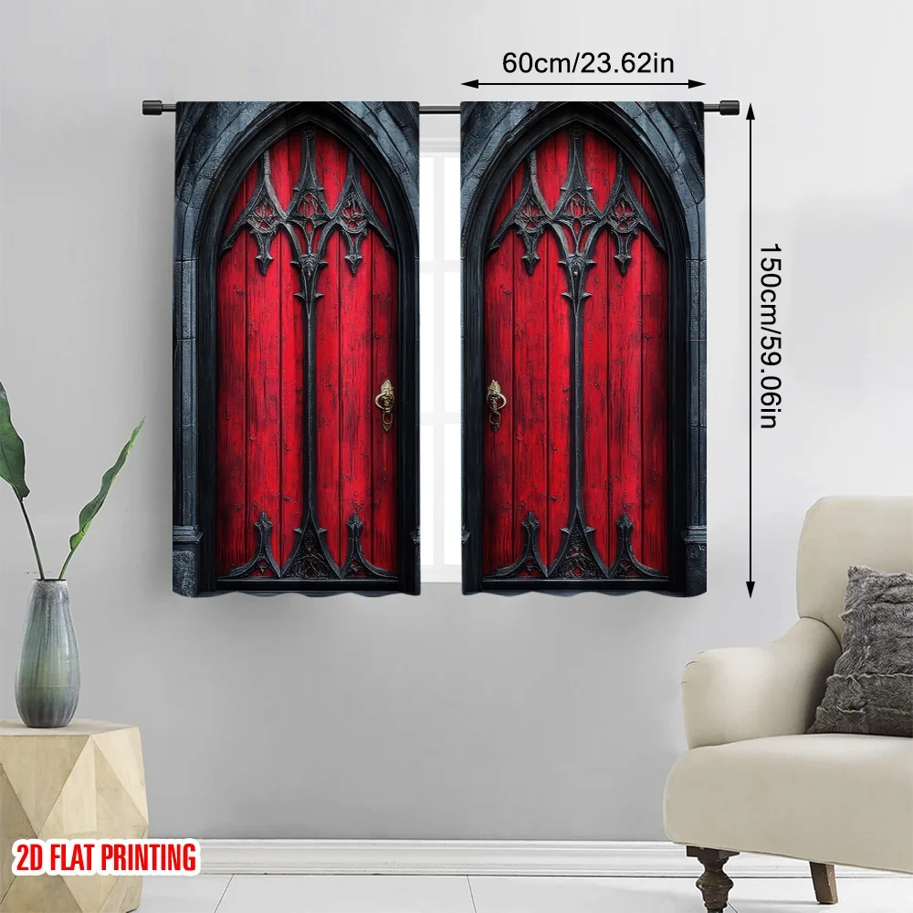 2D flat printing 2pcs Drapes Gothic Doors Red (8) Versatile 100% Polyester,Without Electricity Festive Backdrops Applies to
