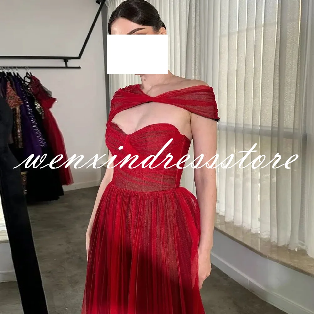 Modern Straight Red Floor Length Off the Shoulder Tulle Short Sleeves Evening Dress Sexy Pleats Saudi Arabia Prom Grows women