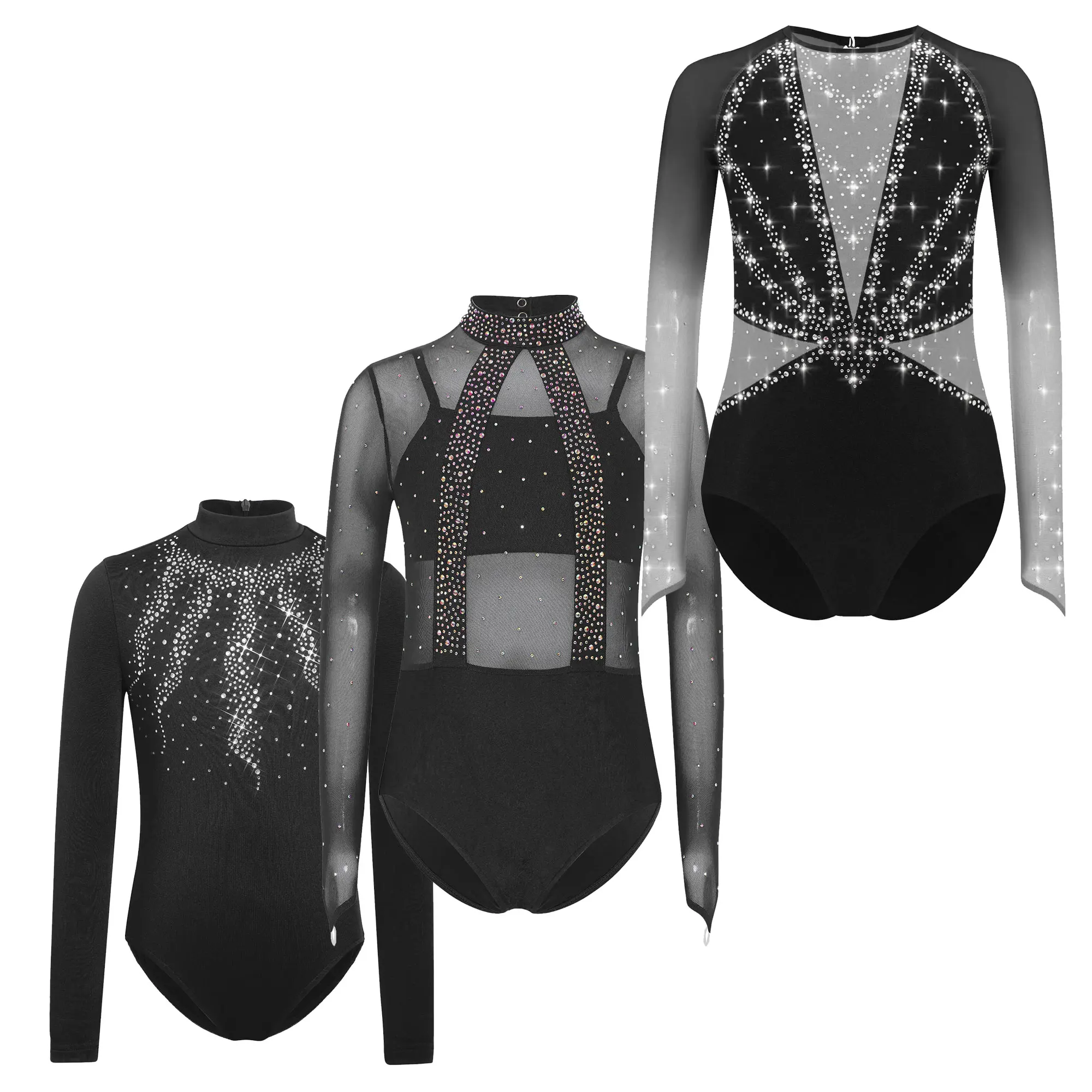 어린이 소녀 발레 댄스 피겨 스케이팅 체조 아크로바틱 공연 의상 긴 소매 라인스톤 레오타드 바디수트 점프수트