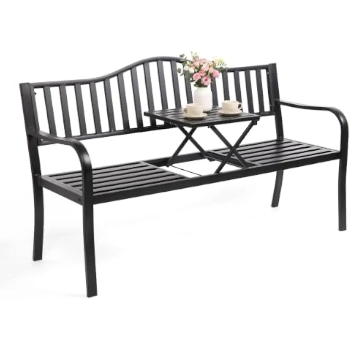 59 Inch Modern Metal Bench with Lift-Up Center Table for Outdoor Use – Weather-Resistant Alloy Steel Construction Black Finish –