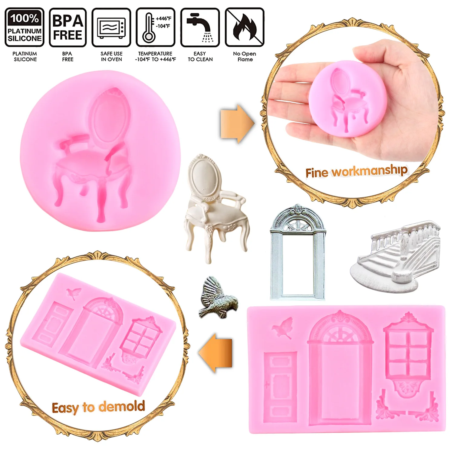 Retro Window Door Silicone Mold Stair Railing Fondant Molds Cake Decorating Tools Cabinet Candy Clay Chocolate Gumpaste Moulds