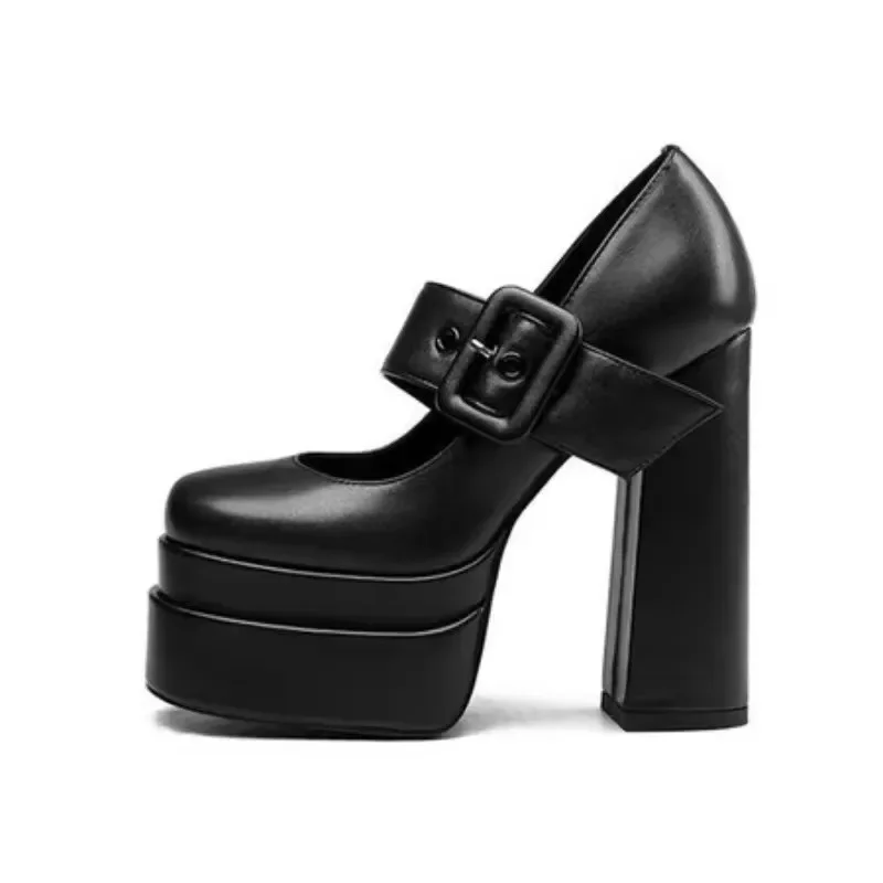 2024 European and American New Double Waterproof Platform Thick High Heels Straight Buckle Fashion Mary Jane Single Shoes