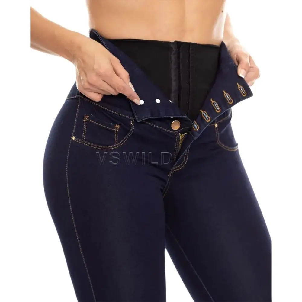 Kolumbia nische Butt Lift Jeans mit hoher Taille und internem Gürtel, hoch taillierte Leder jeans, großes Gesäß mit Zugangs kontrolle mit Reiß verschluss