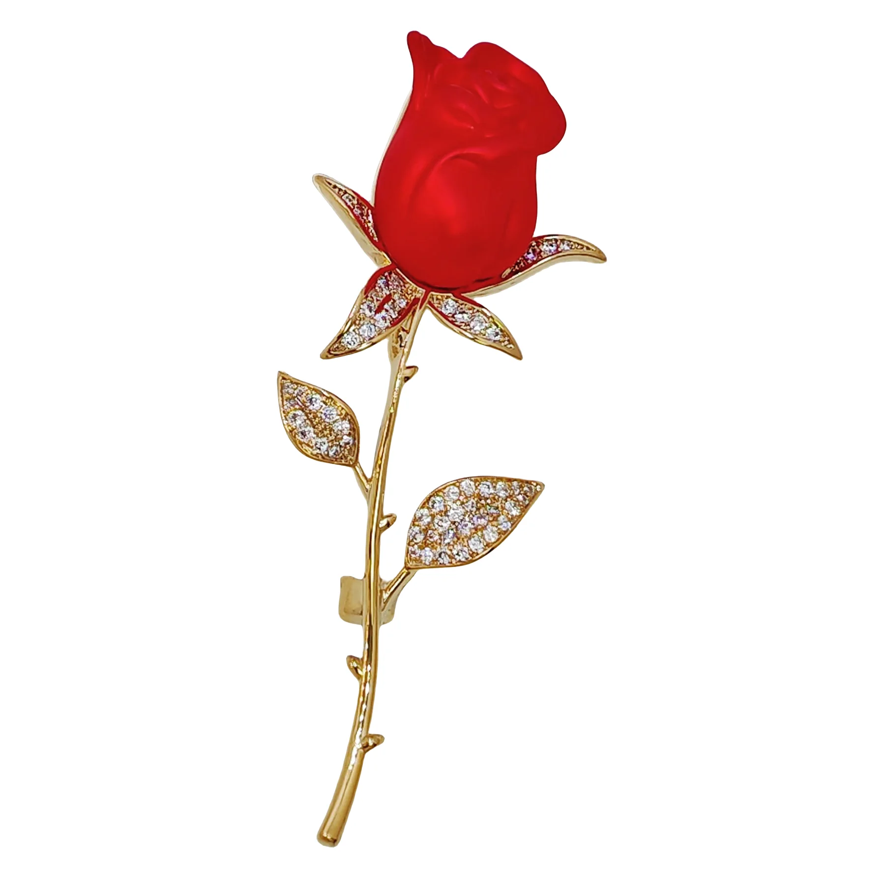 Romance Elegant CZ Leaf Golden Long Thorns Stem Enchanting Red Rose Bud Pin Broaches Enamel Floral Date Anniversary Gift Jewelry