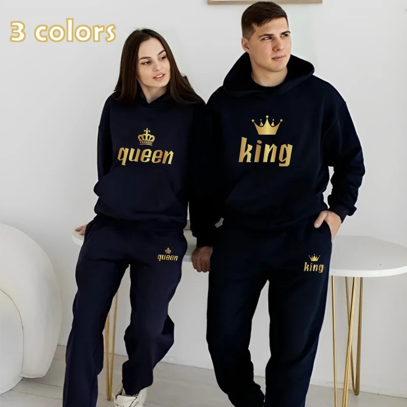 

2024 New Casual Autumn and Winter Men's and Women's SweaterSet KING QUEEN Loose Cotton Relaxed Hooded Print Couple SetSweatshirt