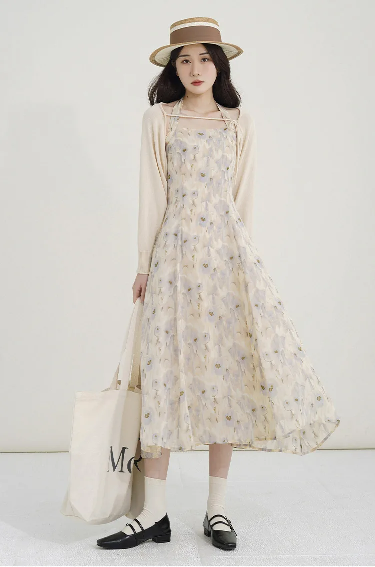 Floral Halter Backless Maxi Dress for Women - Elegant Chiffon Sleeveless Sundress, Petite French Style Flowy Summer Beach Dress