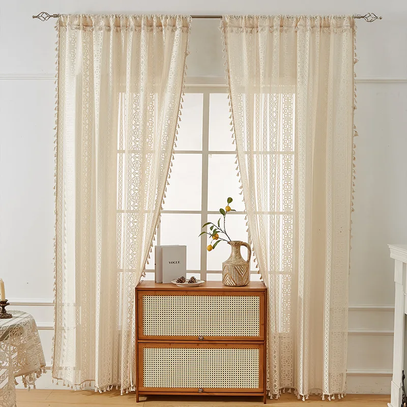 Retro Wear Pole Cotton Linen Curtain Tassel Beige Crochet Sheer Country-Style Curtains Artistic Living Room Decoration Cloth