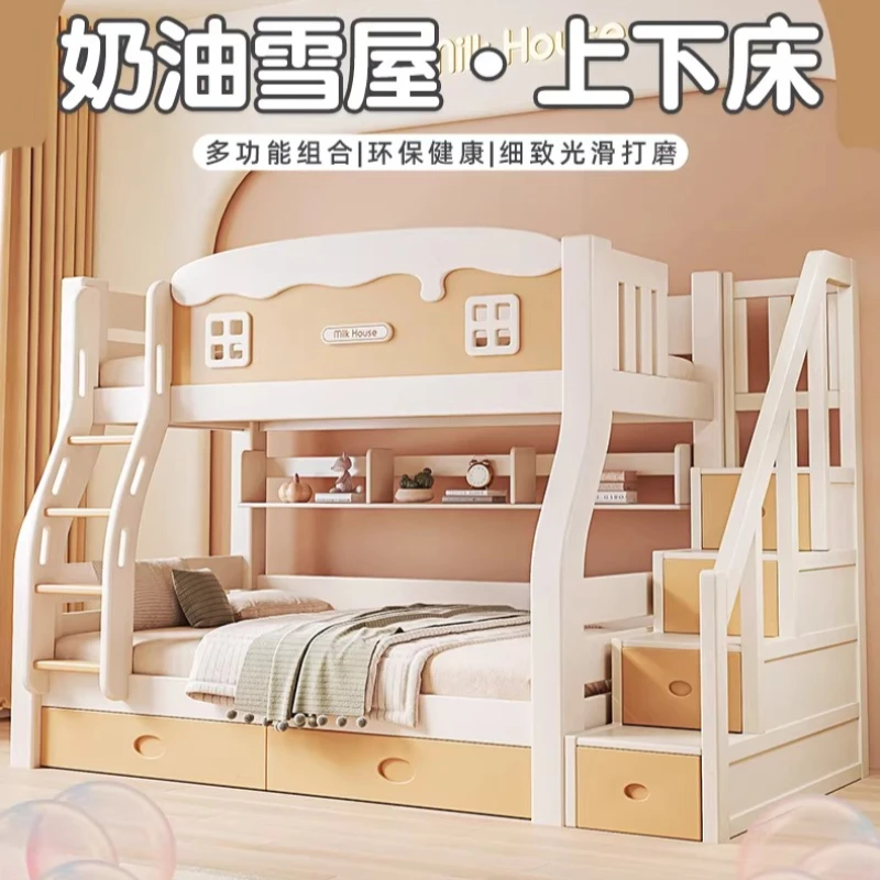 

Верхние и нижние кровати из вишневого дерева. Двухъярусные детские высокие и низкие кровати из массива дерева. Маленькая квартира для мамы и ребенка. Верх.