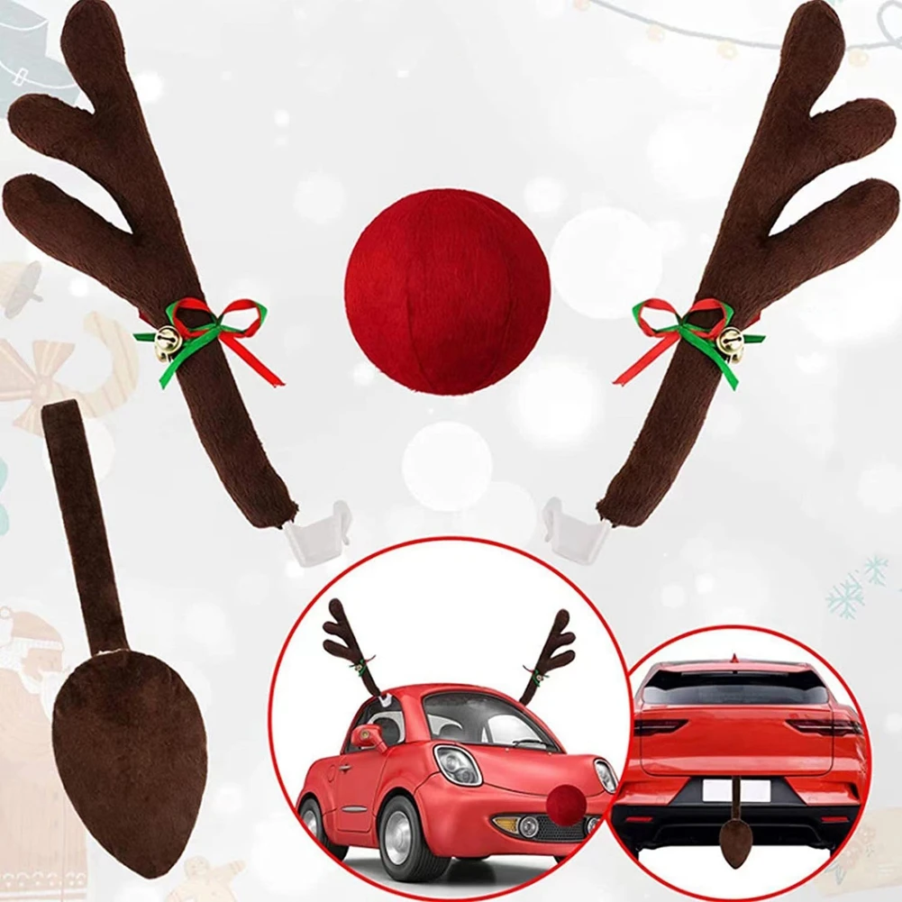 Christmas Car Reindeer Antler Kit With Red Nose & Jingle Bells Universal Auto Costume Decor Dark Brown
