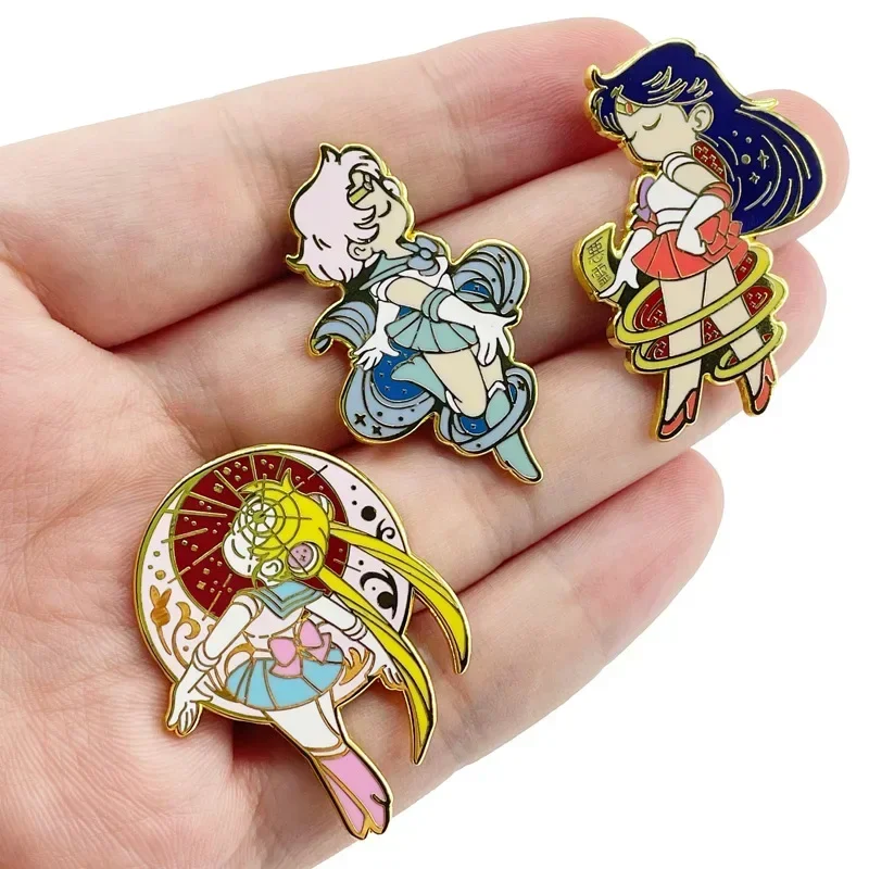 Japanese Cute Sailor Moon Brooches Cartoon Anime Figures Metal Enamel Brooch Cartoon Pin Backpack Badge Kids Gift