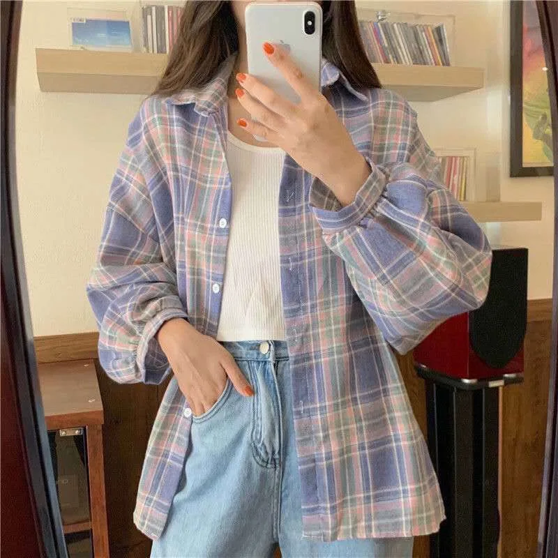 

Fashion Women's Plaid Shirts 2025 New Ladies Loose Tops Spring Autumn Casual Long Sleeve Button Blouses Street Style Shirt Girl