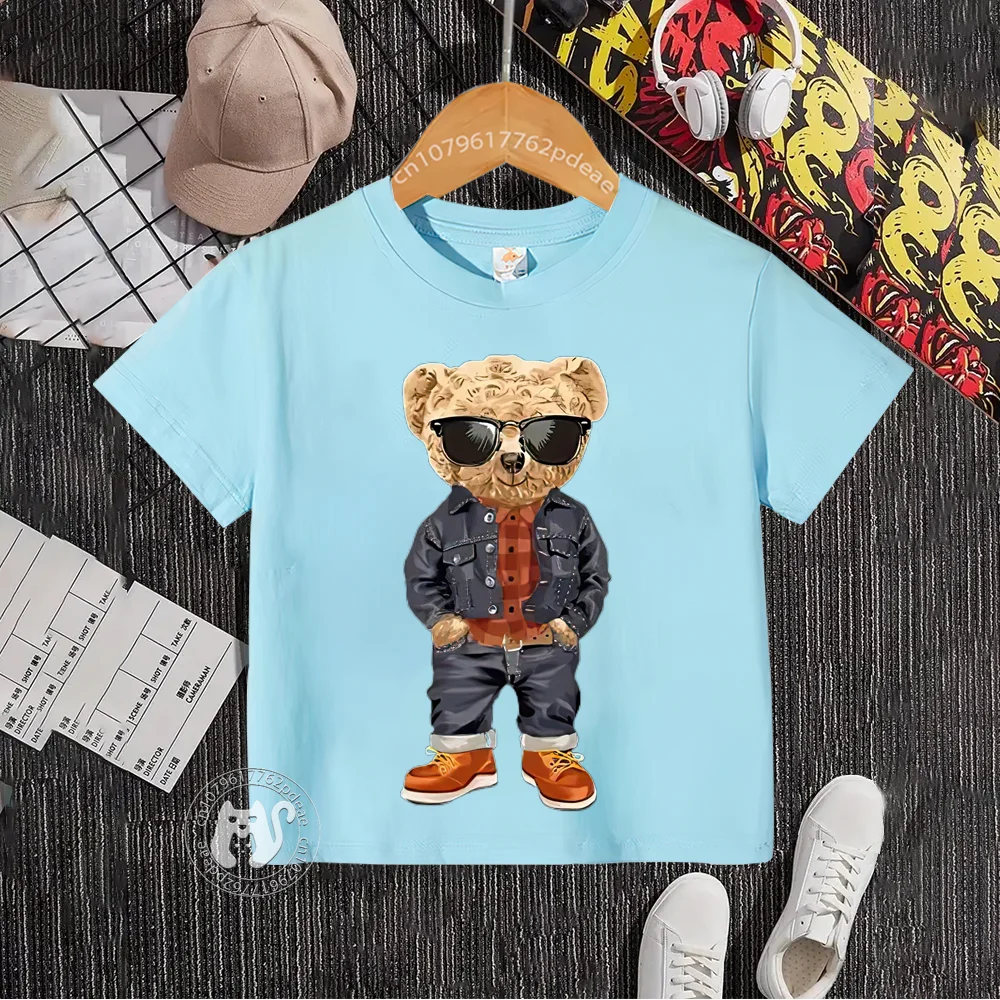 Teen Hip Hop style 100% cotton T-shirt Baby Baby Street Bear pattern round neck cotton T-shirt boys and girls casual children\'s