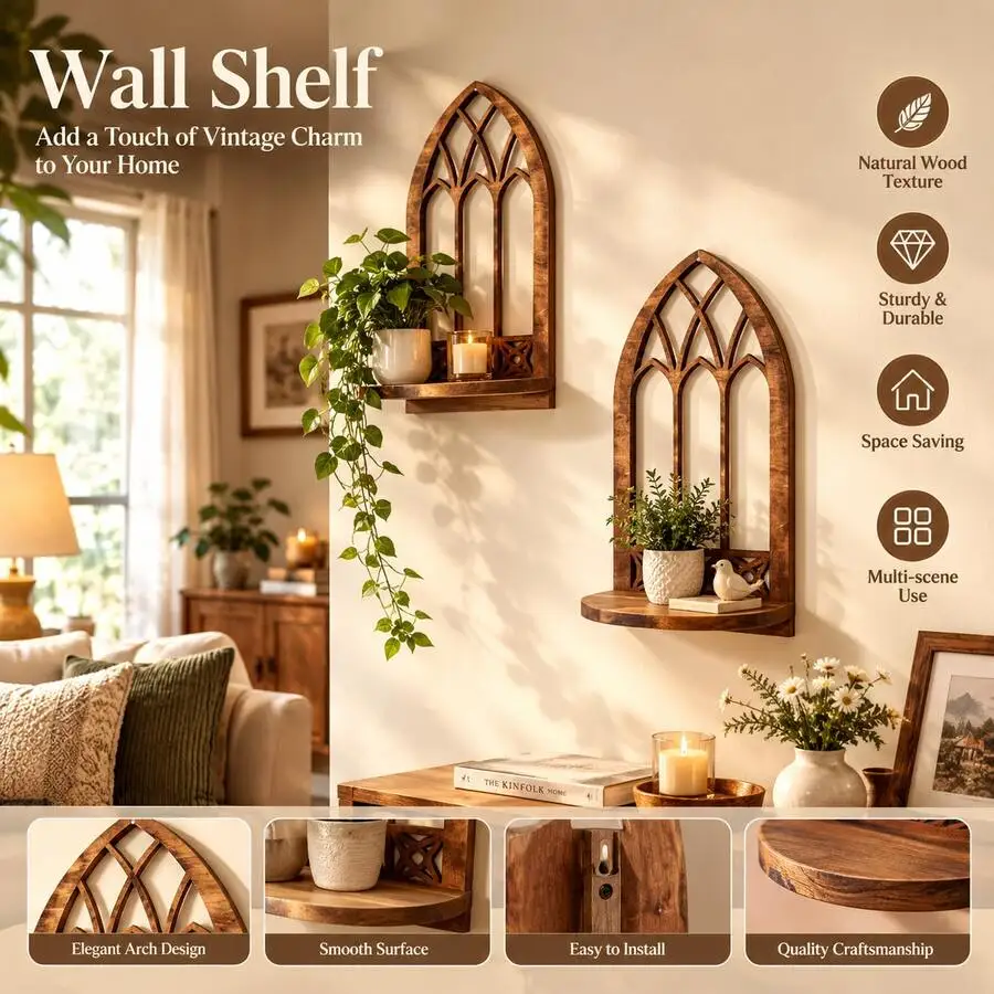 2 Pic Boho Gothic Arched Wall Shelf, Rustic Wood Floating Plant Holder & Display Shelf, Vintage Wall Decor For Living Room Bedro