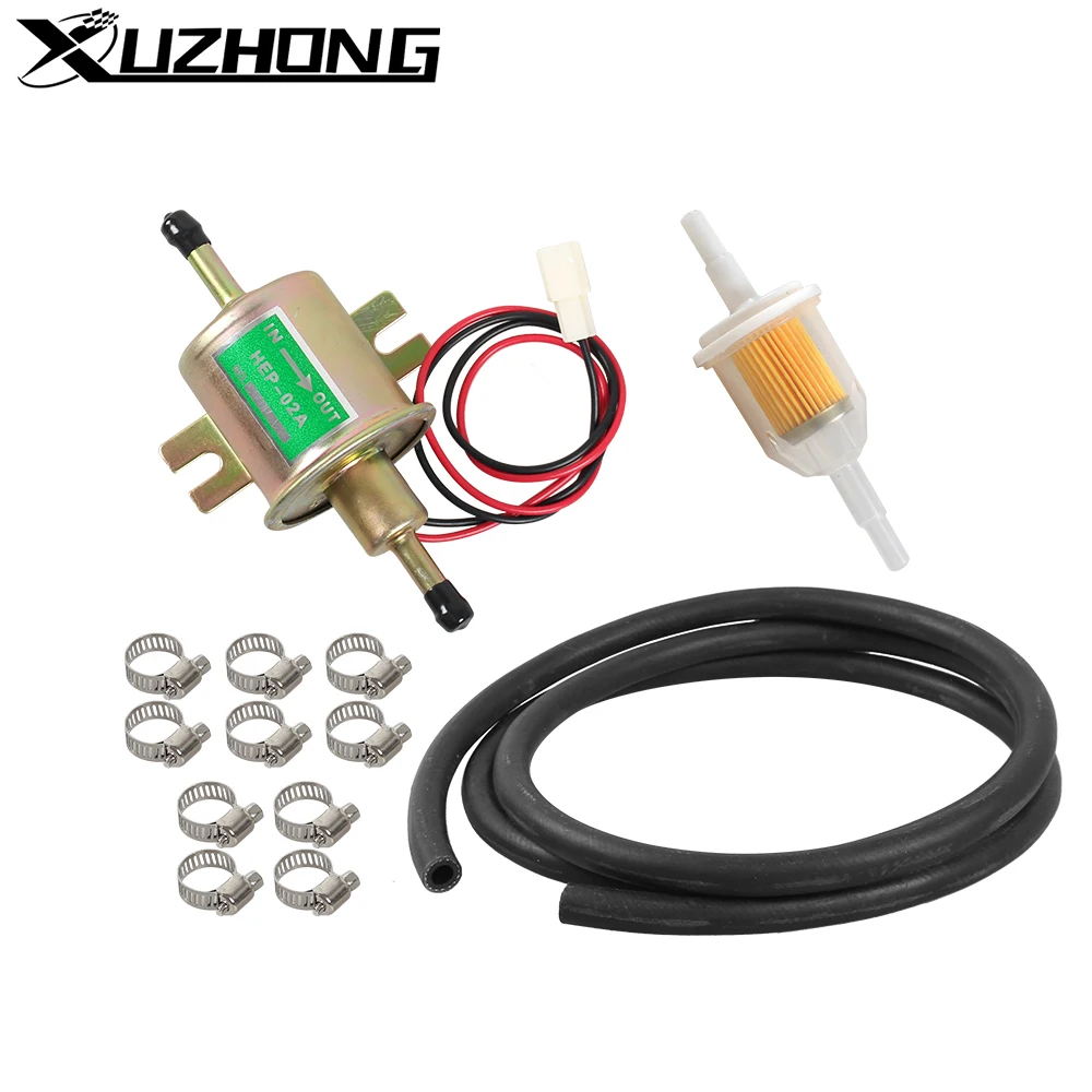 Universal Gold Electric Fuel Pump Kit 12V inline Low Pressure Fuel Pump HEP-02A With 2 Meter Fuel Line Fuel Filters Hose Clamp