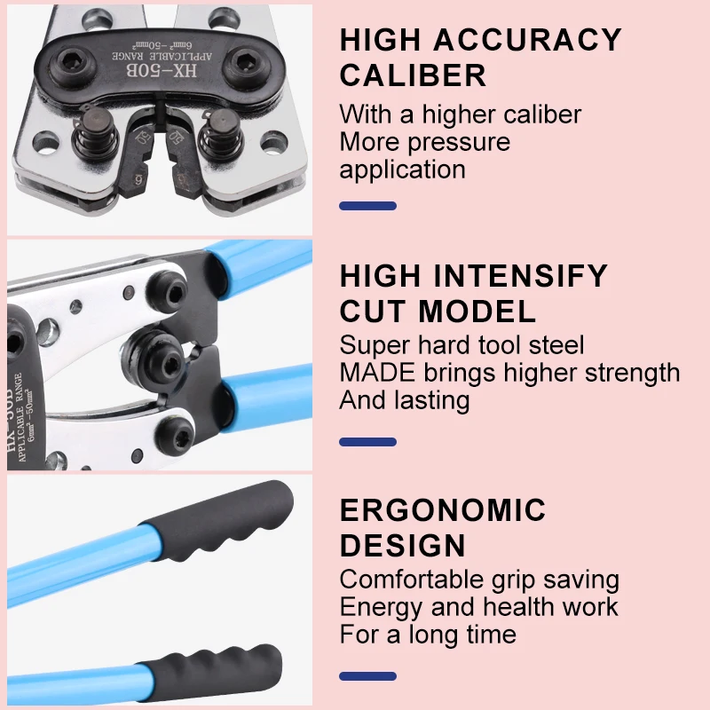 Battery Cable Lug Cable Crimping Pliers 6-50mm²/AWG 10-0 Tube Terminal Crimper Hex Crimp Tool Multitool  Hand Tools HX-50B