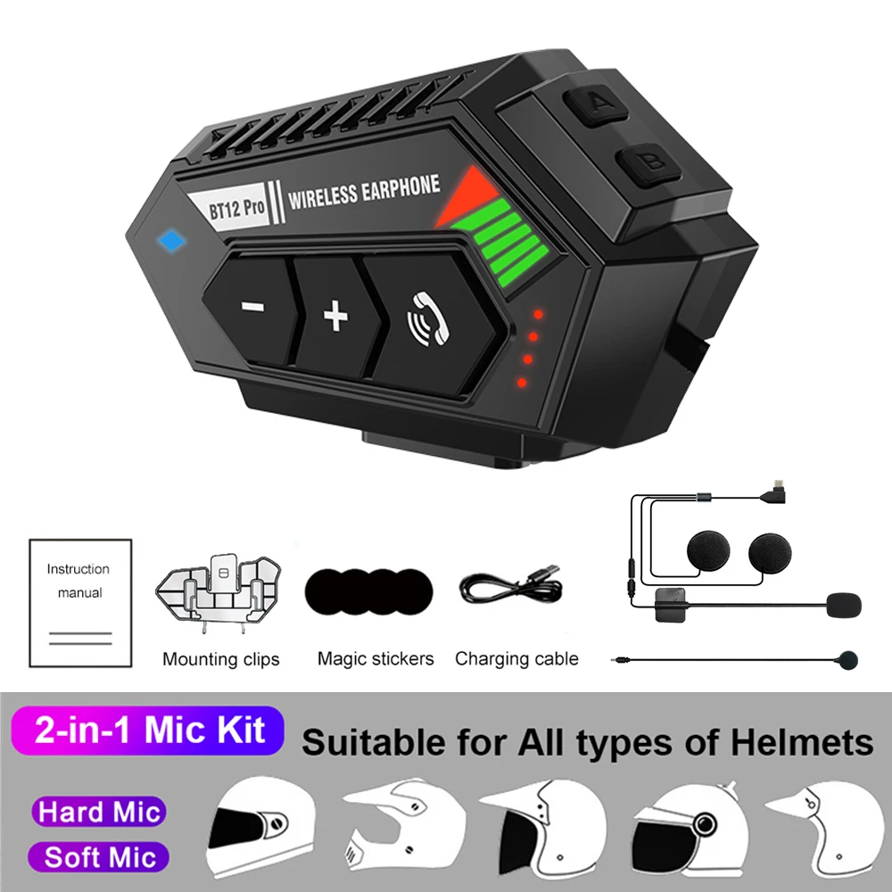 Kebidumei BT12 Pro Motorcycle Helmet Headset Wireless Hands-free call Kit Stereo Anti-interference Bluetooth 5.3 Headphone