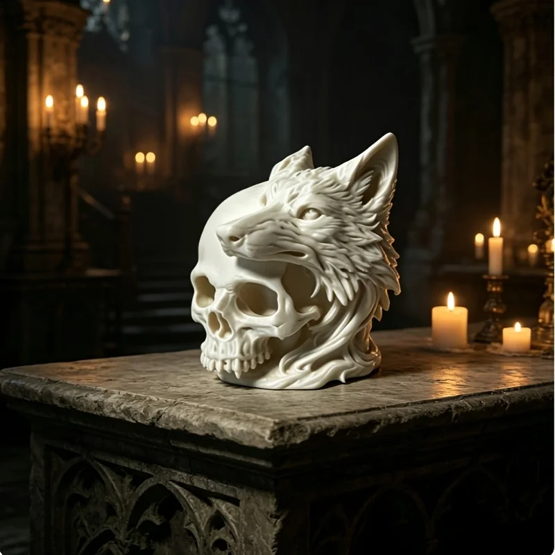 Gothic Style Wolf Skull Sculpture Figurine 3D Printed Cool Wolf Head Skull Statue Art Desktop Ornament Home Bookshelf Decor Gift