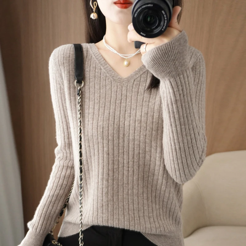 Autumn Winter New Cashmere Sweater Women Keep Warm V-neck Pullovers Knitting Sweater Fashion Long Sleeve Loose Casual Tops