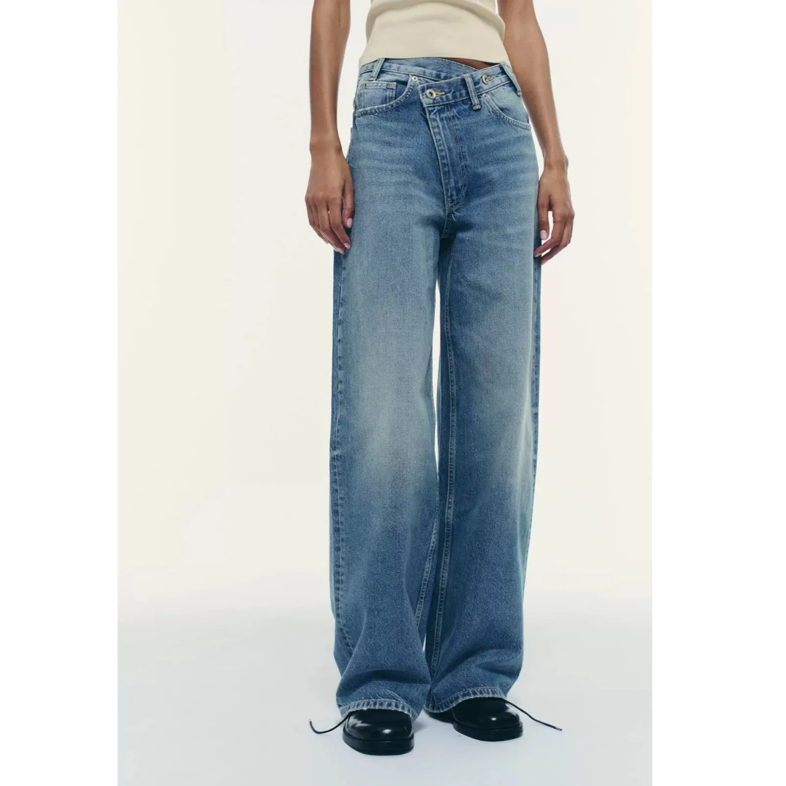 Fall New Women's High Waist Wide Leg Jeans Double Button Waist Design Fashionable Ladies Denim Trousers No Brand Registered