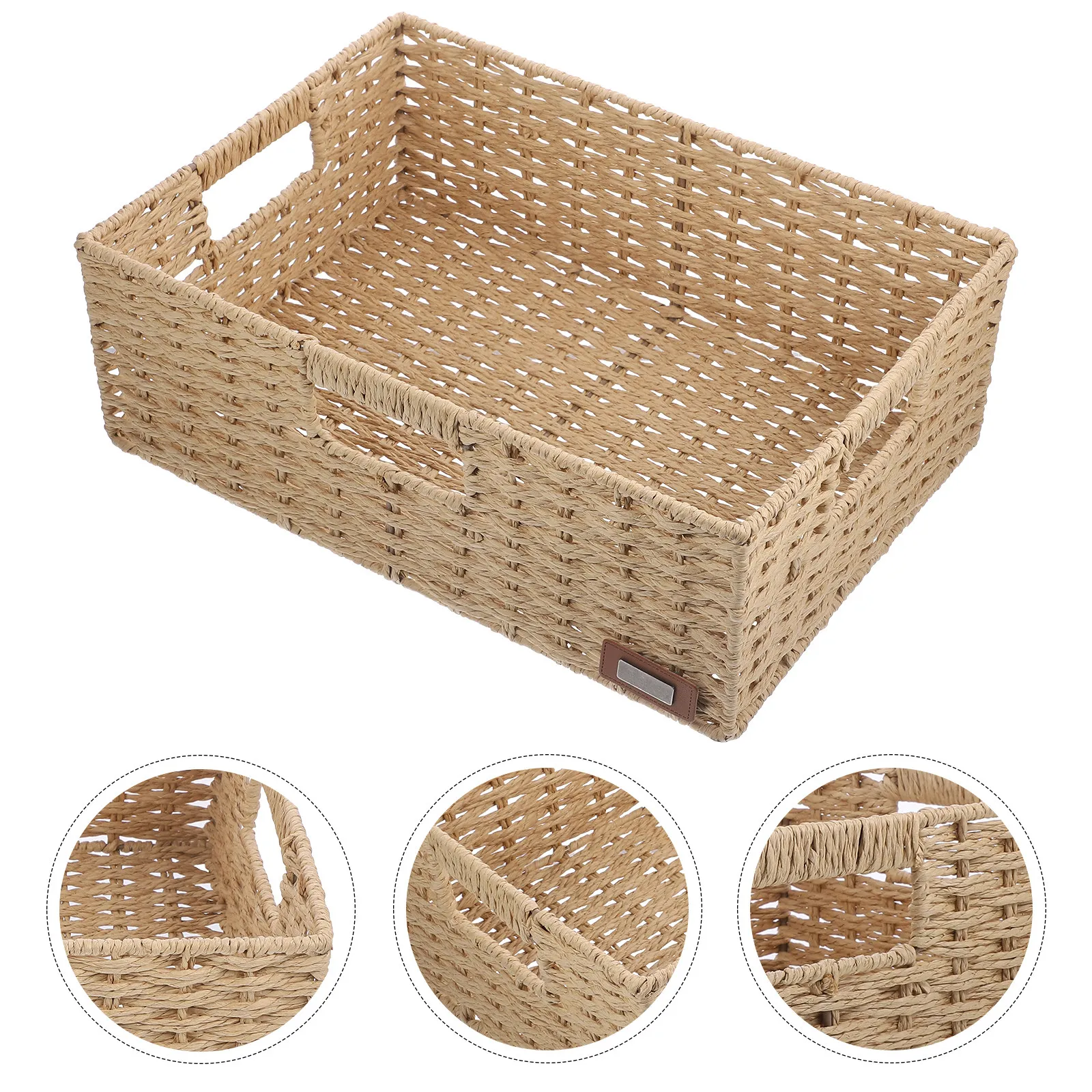 

Woven Storage Basket Decorative Hollow Handle Desktop Organizer Multifunctional Rectangular Storage Container for Home Office