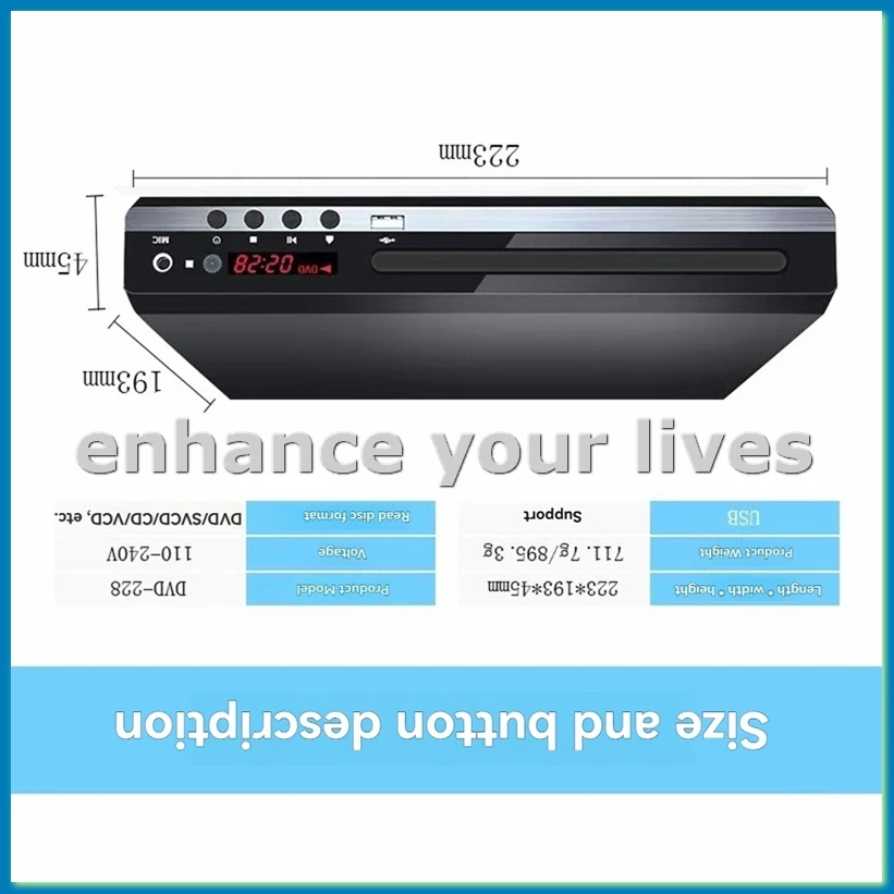 

DVD-плеер 1080P Домашний DVD-плеер Box для телевизора DVD229 HD DVD-плеер CD-дисплей Плеер AV-выход Микрофон-порт Американская вилка-A23U