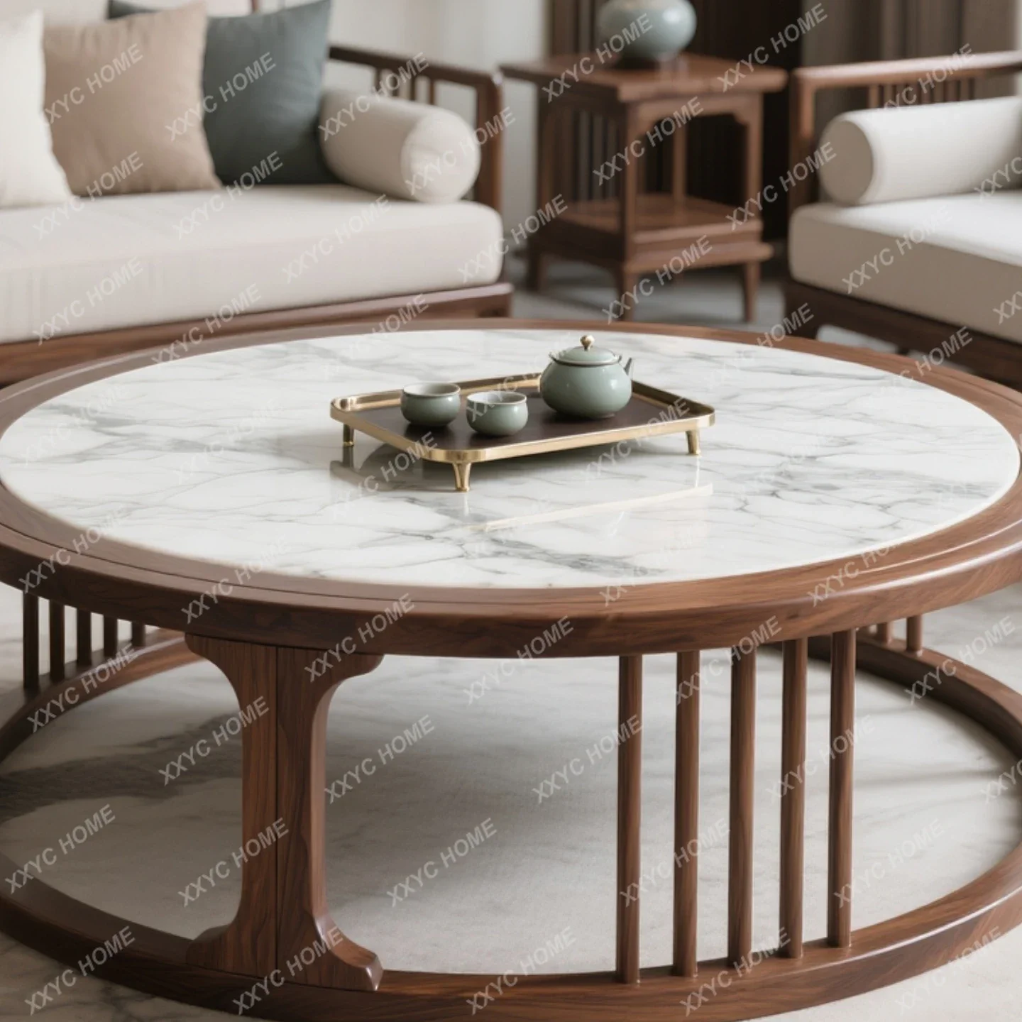 

New Chinese black walnut solid wood coffee table rock slab simple modern round coffee table