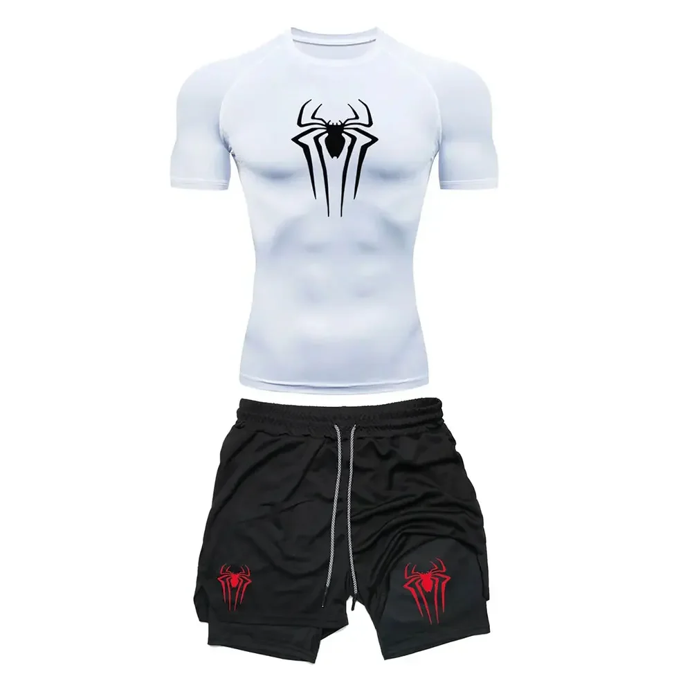 Y2K Spider Men's Compression Set Short Sleeve Gym Top+Workout Shorts Quick Drying Breathble Athletics Rash Guard Set