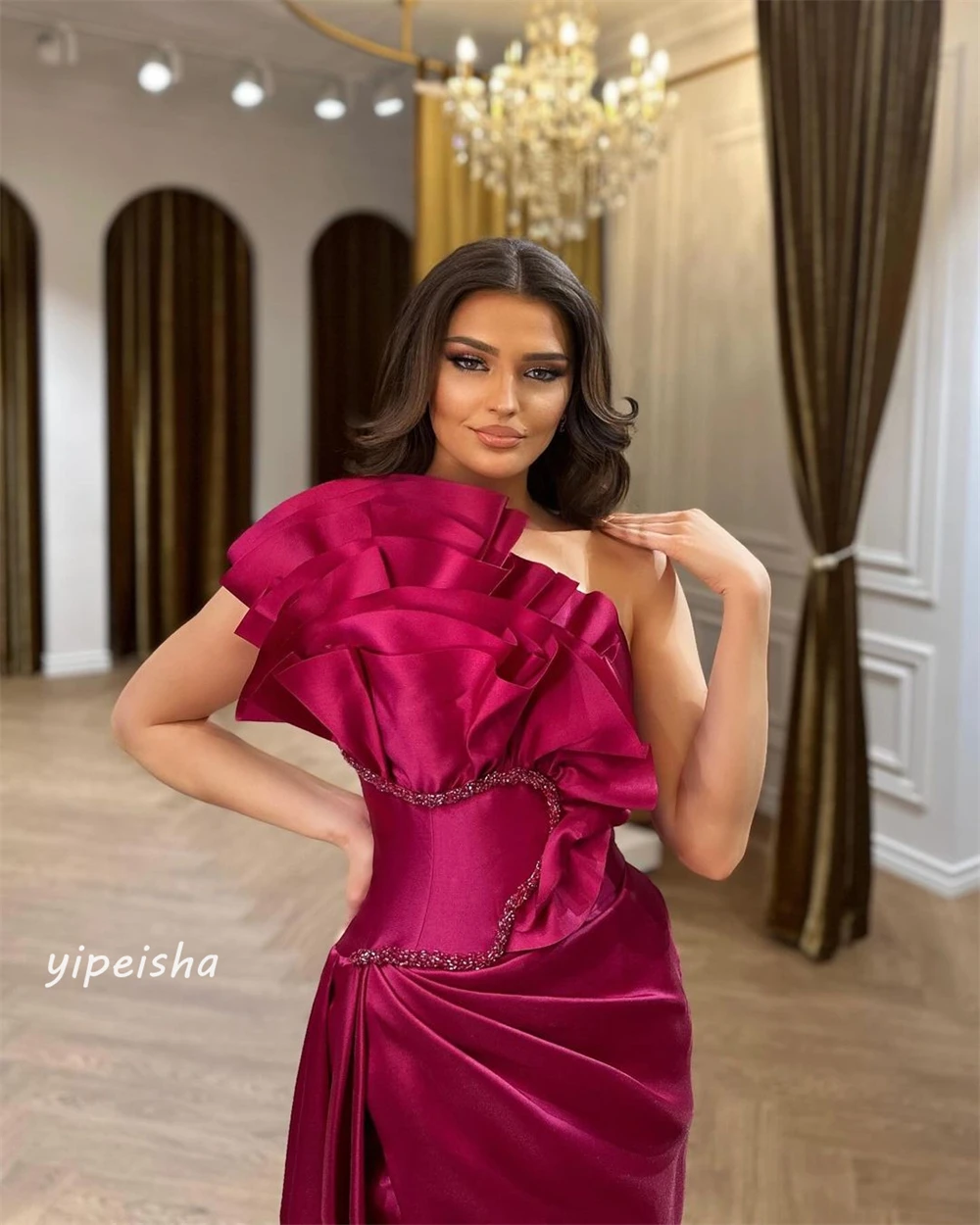 Satin Pleat Ruched Sequined Valentine's Day A-line Strapless Bespoke Occasion Gown Long Dresses