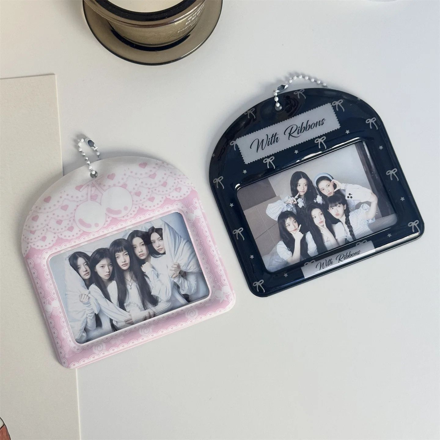 Cute Bow Card Holder 3inch Photo Protective Cover Kpop Idol Photocard Display Pendant Keychain Cherry Pattern Protective Cover
