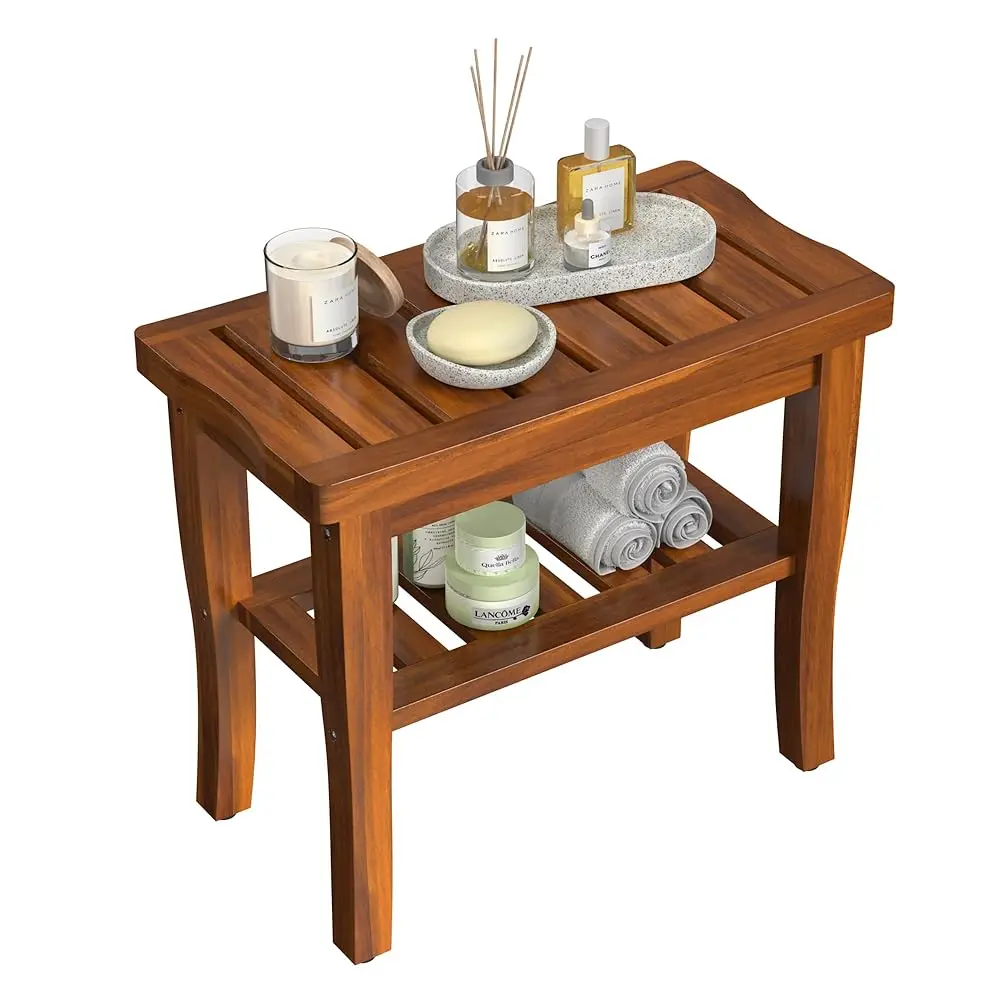 

Teak Wood Shower Bench Stool With Storage Shelf, Wooden Waterproof Bathroom Spa Bathing Teak Shower Stool With Non-Slip Feet