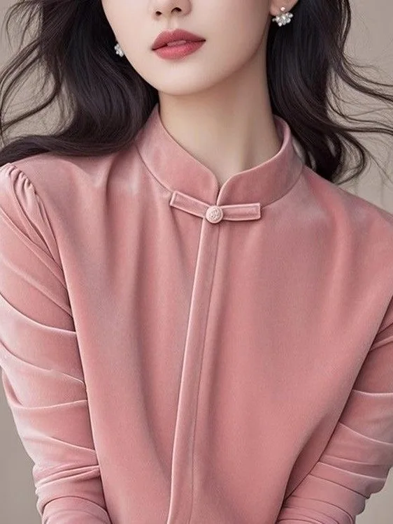 

Женская бархатная блузка Ele Chinese Sle для ранней осени, розовая, на пуговицах, с длинным рукавом и воротником-стойкой, для ношения под одеждой