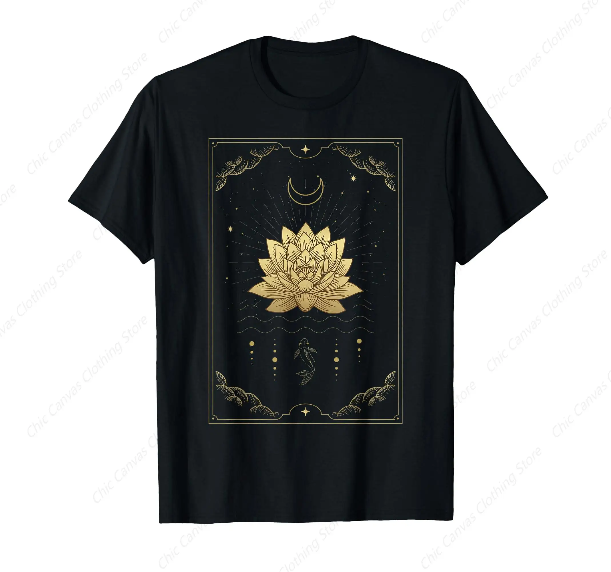 Lotus Blooms On The Water Surface Moon And Fish Tarot Card Printed T-Shirt Fashionable Shirt Pure Cotton Casual T-Shirt