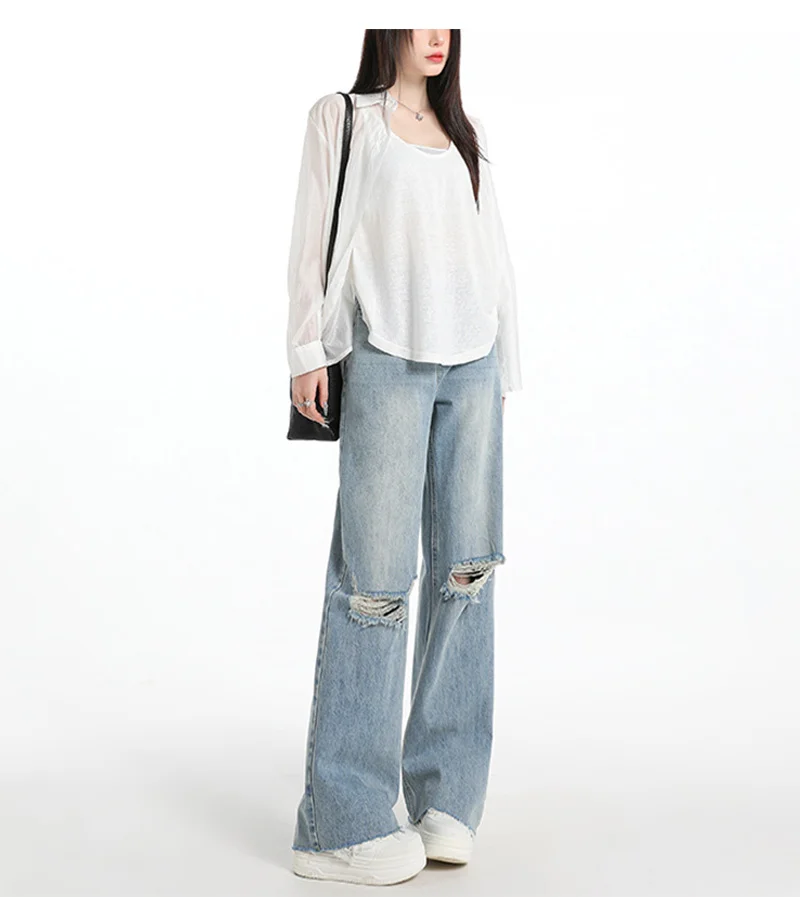 Simple ripped, raw edges, high waist and wide leg jeans, women's loose, meat-covered, lazy mop pants (regular)