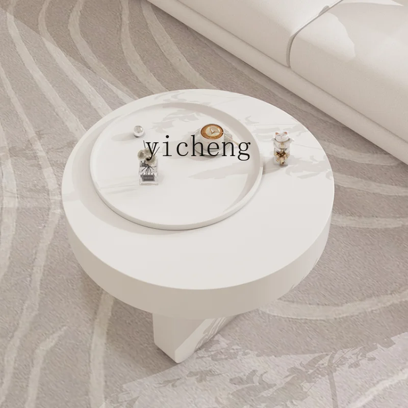 ZF round Tea Table Living Room Home Small Apartment White Tea Table Minimalist Rotatable Light Luxury