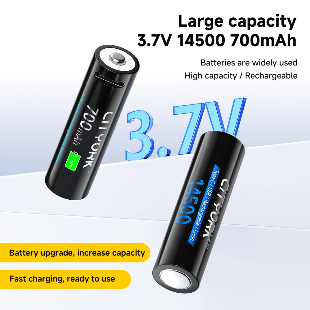 Image of CITYORK 3,7V 14500 AA Wiederaufladbare Batterien 700mAh 14500 Lithium USB-Batteriezelle Li-Ion 14500 Batterie für LED-Taschenlampen, Stirnlampen, Fackeln, Mäuse, Spielzeug