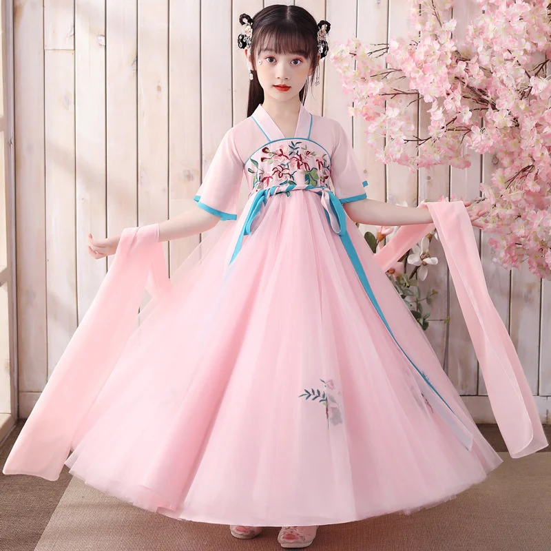 Hanfu Tang Suit Chiffon Girls Dresses For Summer 2023 New Chinese Style V-Neck Short Sleeve Embroidery Patchwork Ancient Costume