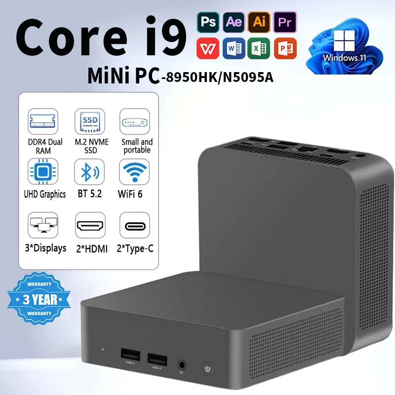 

NEW Core i9 8950HK Portable Mini PC Computer Windows 11 16GB 1/2TB SSD Gaming Computer WiFi 6 USB office Mini Desktop PC