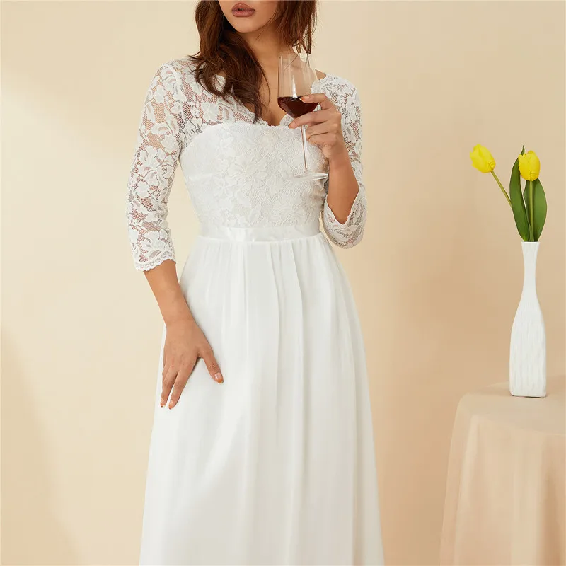 Women\'s Long Dress Summer Elegant Solid Color Patchwork Lace V-neck Mid-Sleeve Backless Back Zipper Wedding Party Prom Dress