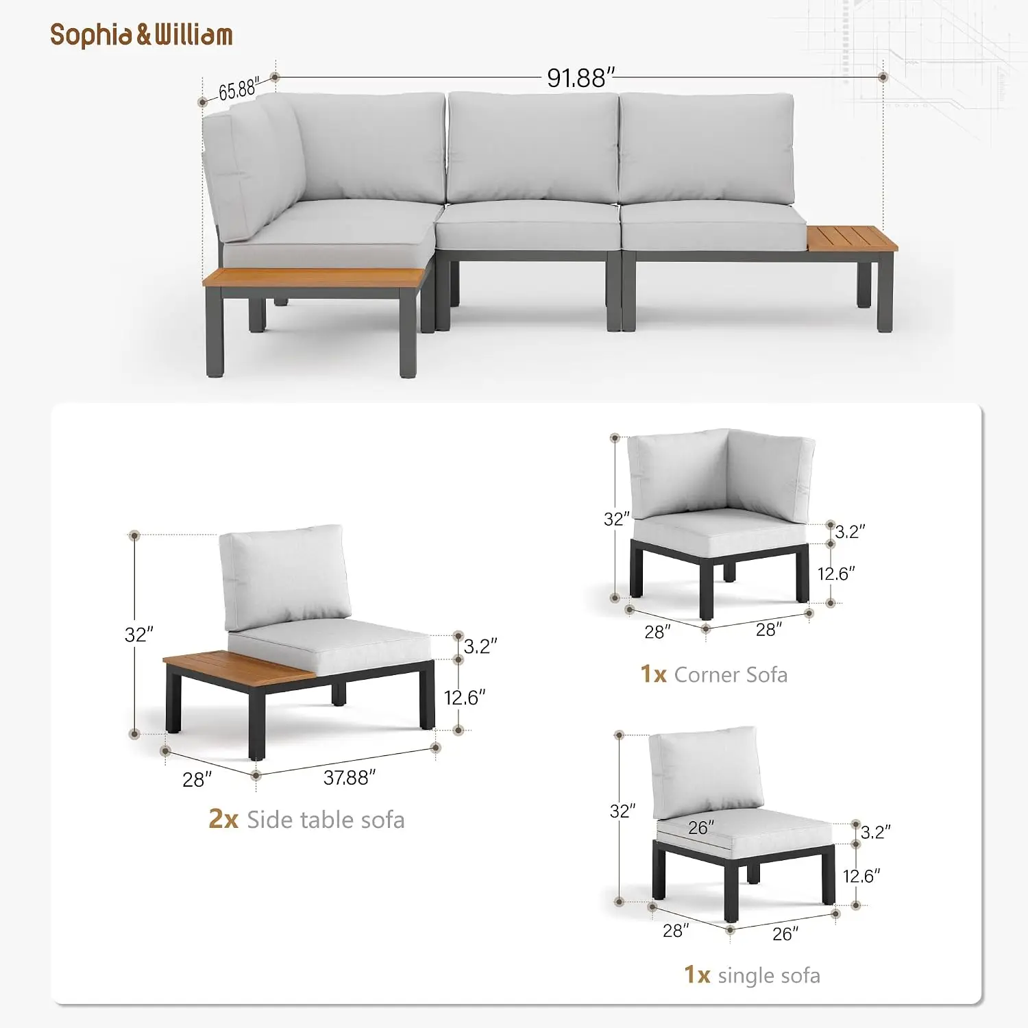 4 Piece Metal Outdoor Sectional Sofa with Cushion, Customized
